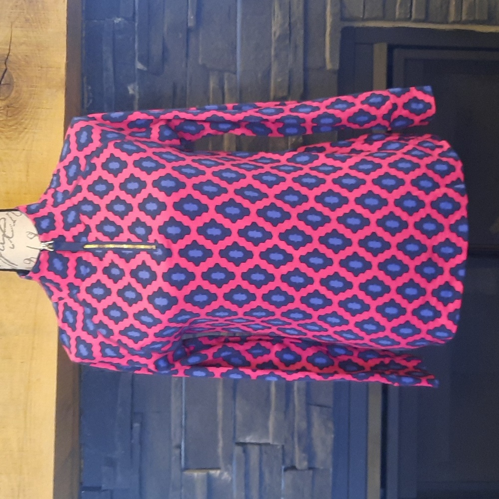 Mudpie pink and blue quarter zip printed knit top women's small